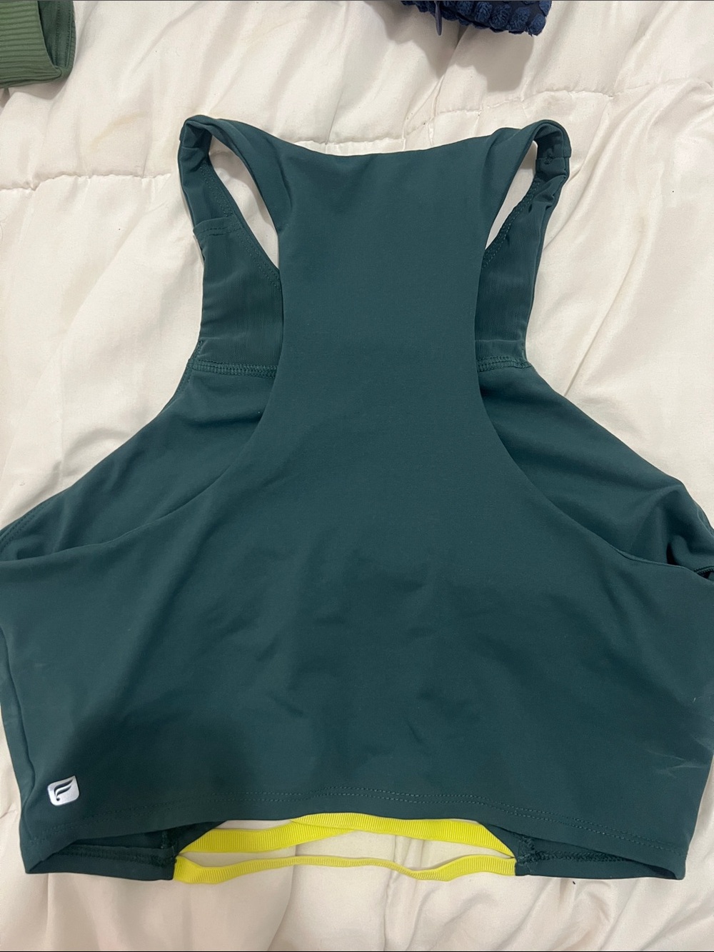 Fabletics Dark Teal High-Neck Sports Bra with Yellow Straps in front - Picture 2 of 2